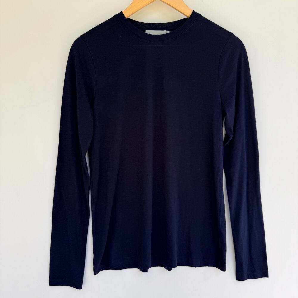 Vince Small Navy Blue Long Sleeve Crewneck Cotton Cashmere Tee-Shirt Top